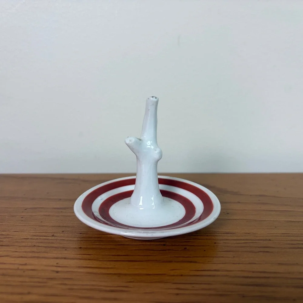Vintage Ceramic Ring Tree Jewelry Holder Red Striped Trinket Dish 2.5 Inch